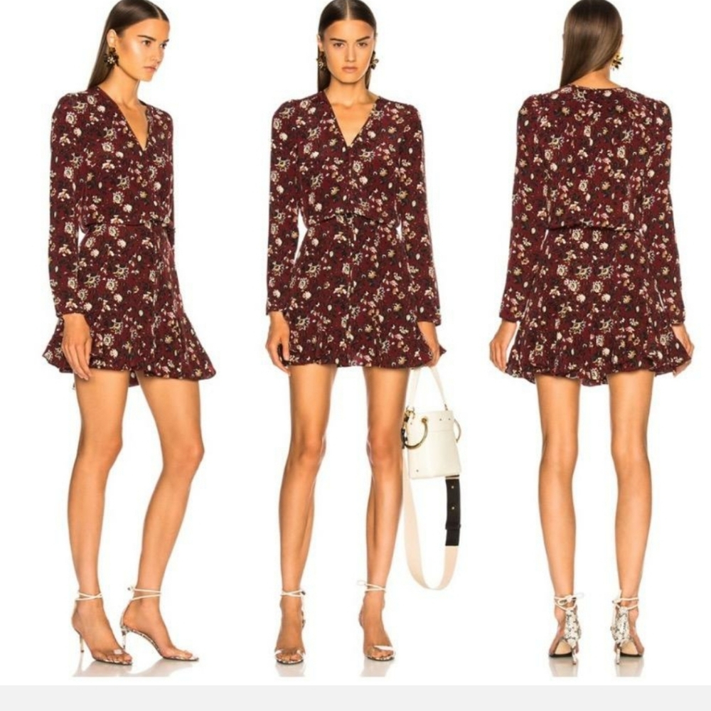 Veronica beard riggins silk floral dress in bordeaux